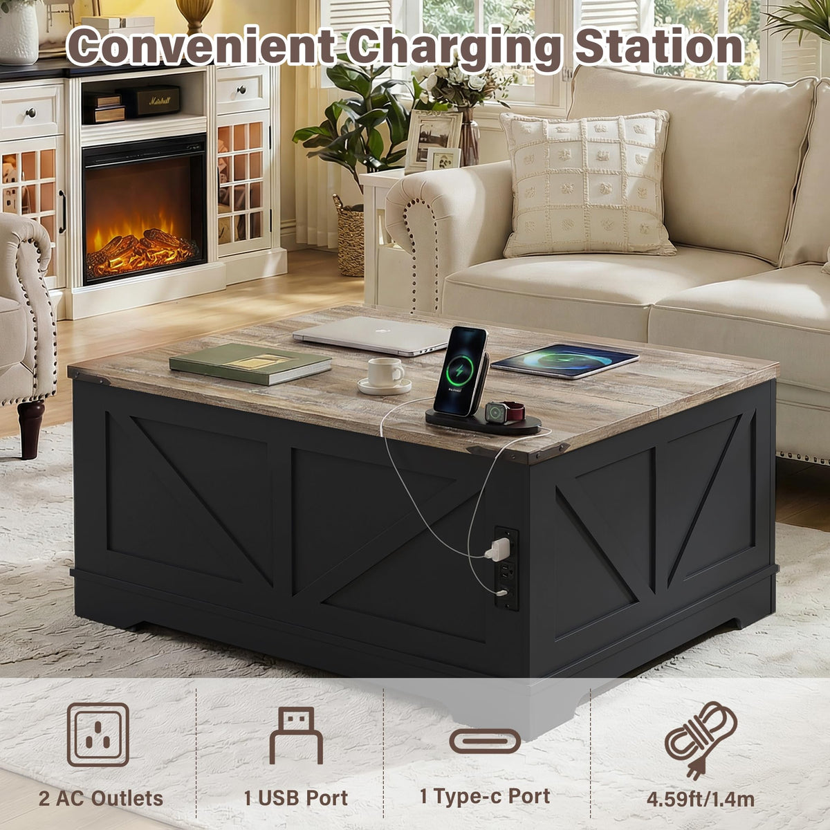 Black Lift Top Wood Coffee Table with Storage L98183