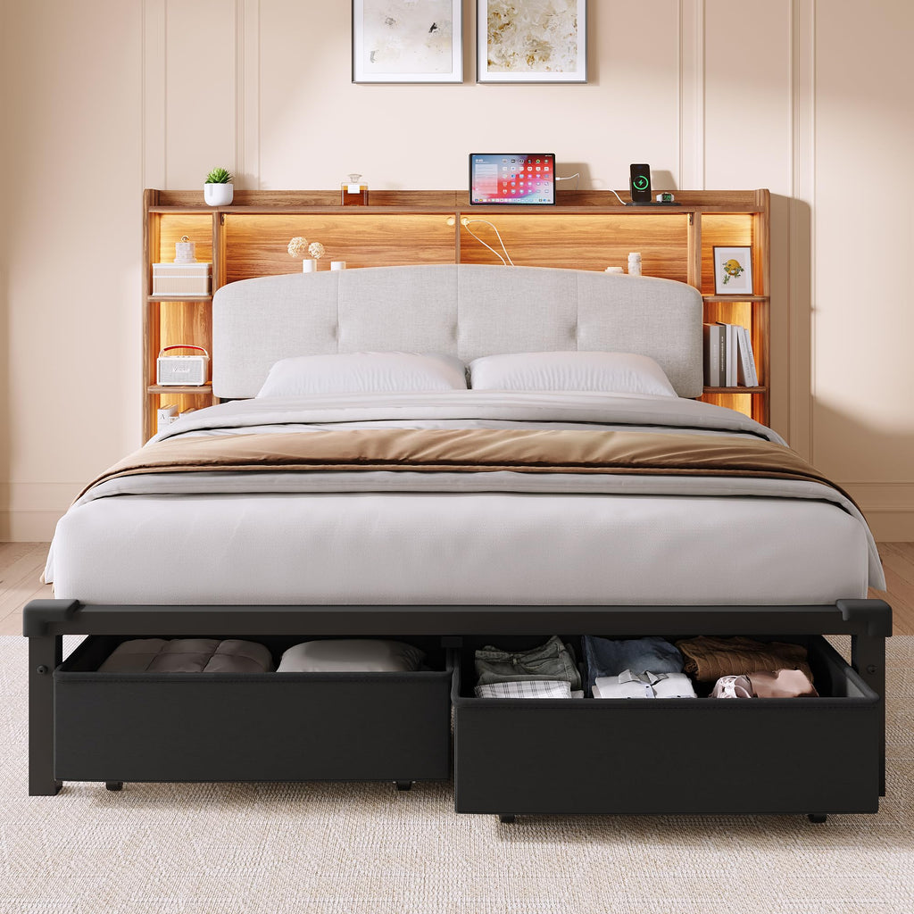 Queen Size Storage Bed Frame with Upholstered Headboard D27768