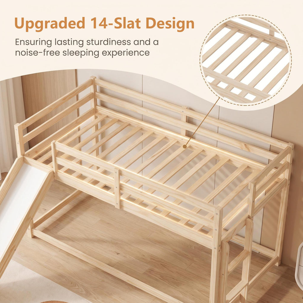 Twin Over Twin Solid Wood Bunk Bed with Slide and Ladder K2250