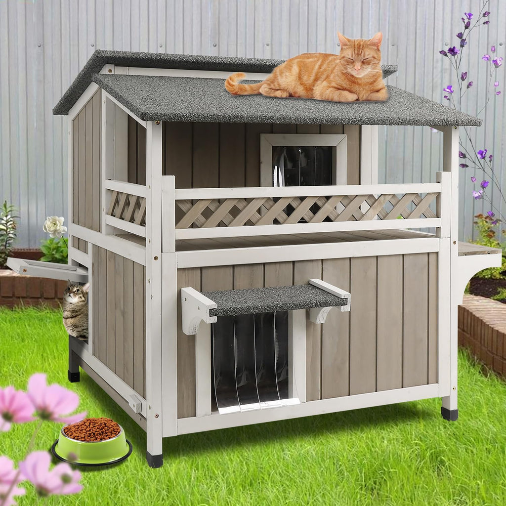 Weatherproof 2-Story Outdoor Cat House with Balcony T661641