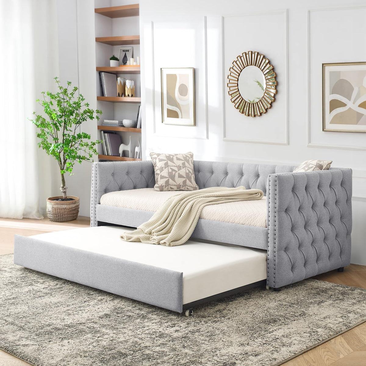 Linen Upholstered Twin Size Daybed with Trundle I321