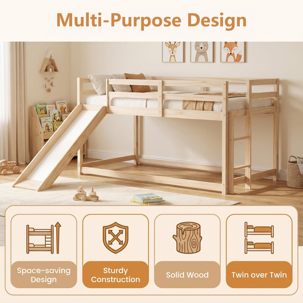 Twin Over Twin Solid Wood Bunk Bed with Slide and Ladder K2250