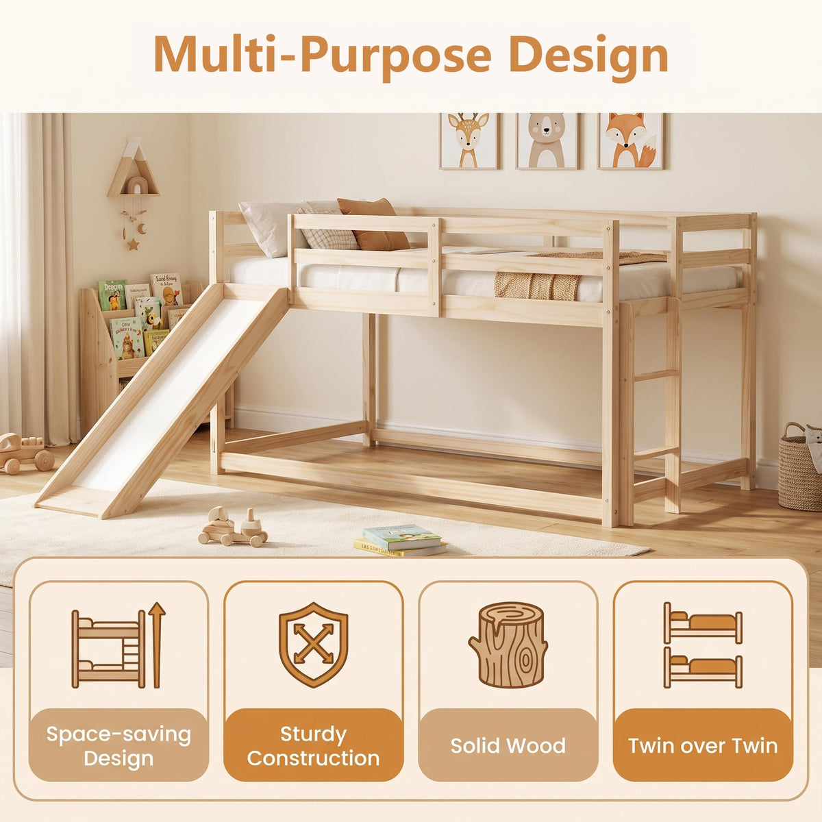 Twin Over Twin Solid Wood Bunk Bed with Slide and Ladder K2250