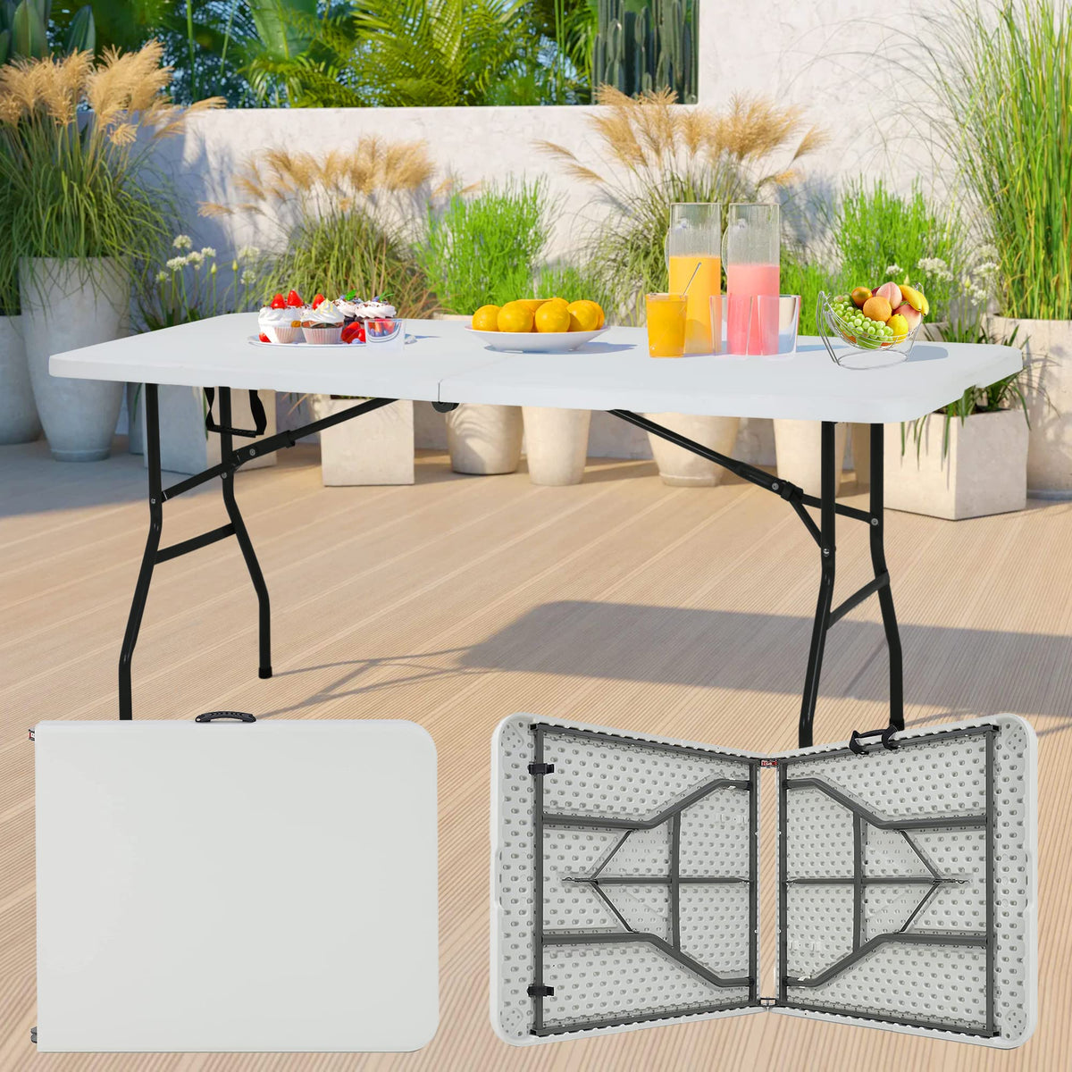 Portable Folding Table 6 FT Long with Handle White N9349