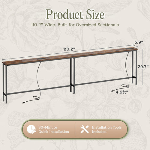 110.2 Inch Narrow Sofa Table with Power Outlets and USB-C Ports V546006