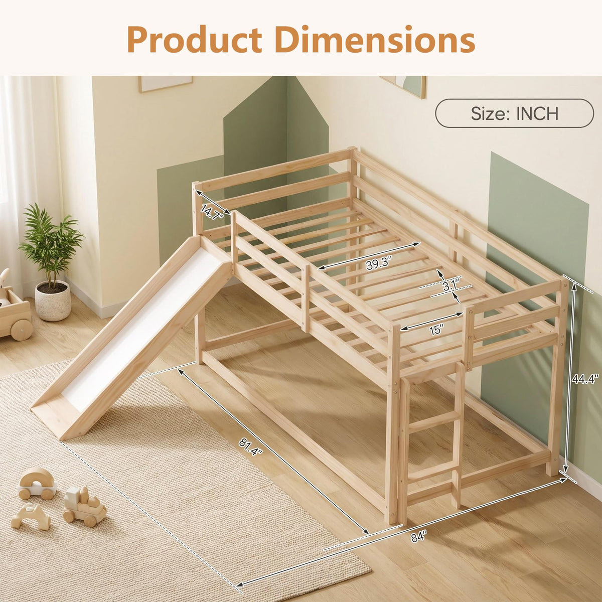 Twin Over Twin Solid Wood Bunk Bed with Slide and Ladder K2250