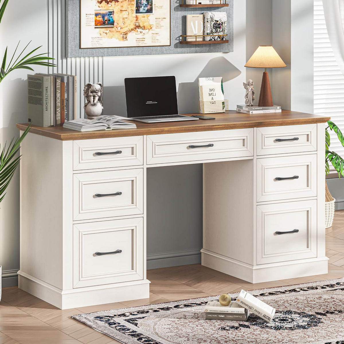 Antique White Executive Desk with File Drawers K49286