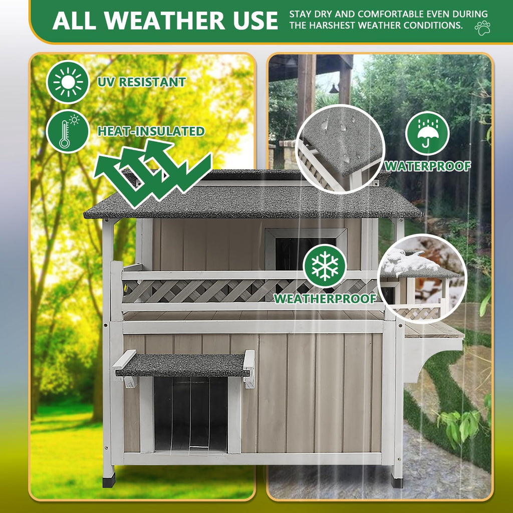 Weatherproof 2-Story Outdoor Cat House with Balcony T661641