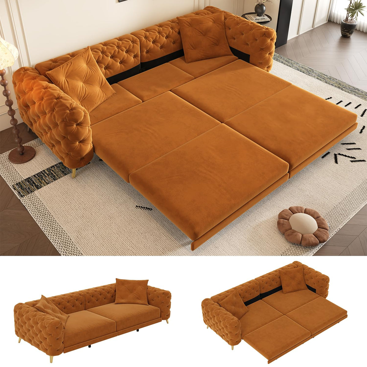 Orange Convertible Pull Out Sofa Bed Velvet Sleeper Sofa H6054