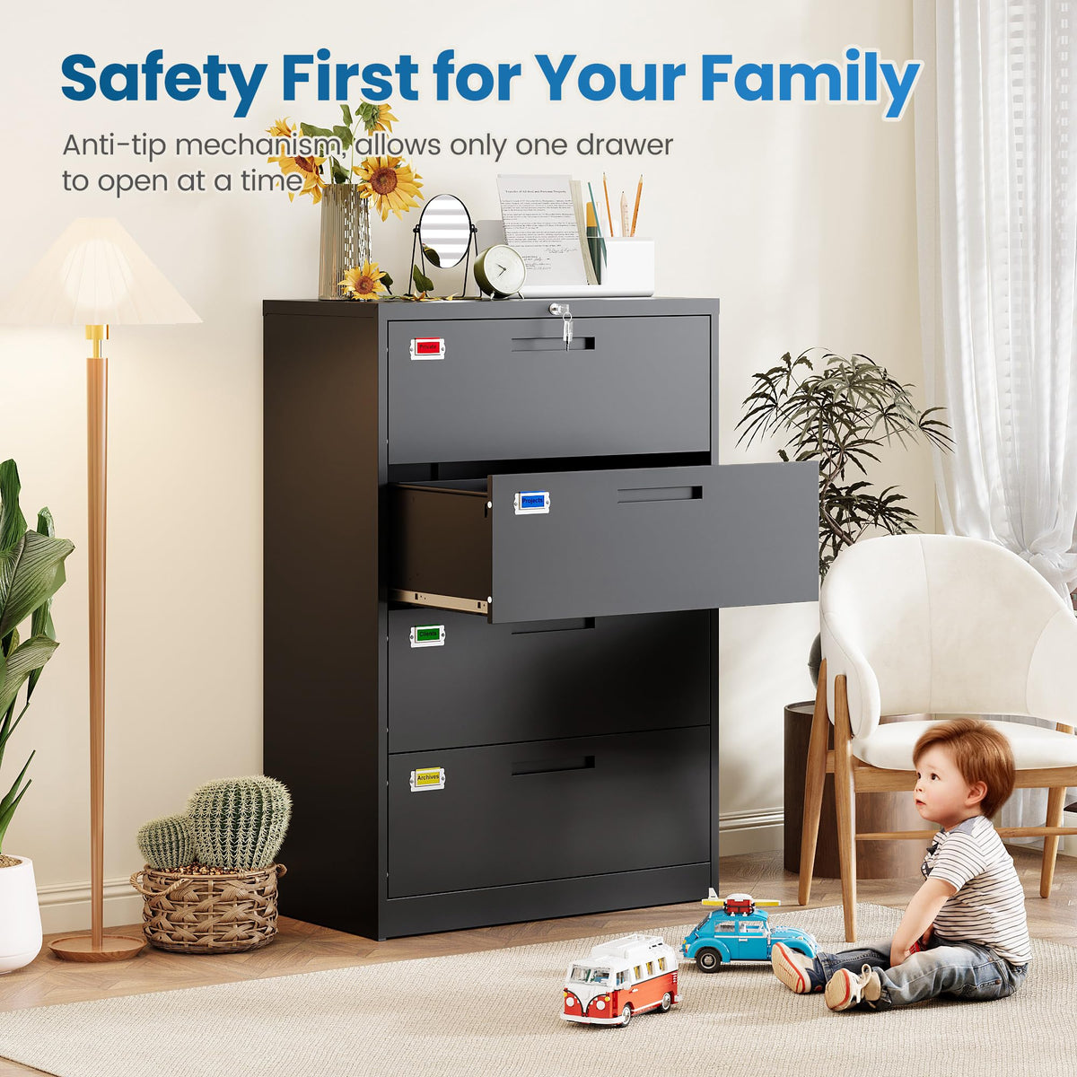 4 Drawer File Cabinet with Lock, Black O7055