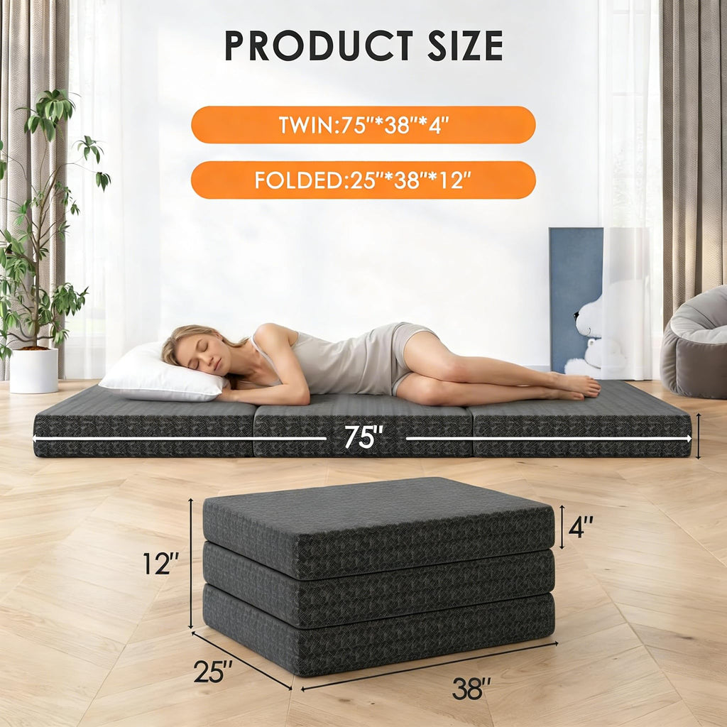 4 Inch Tri-Fold Twin Size Memory Foam Mattress with Washable Cover J377756