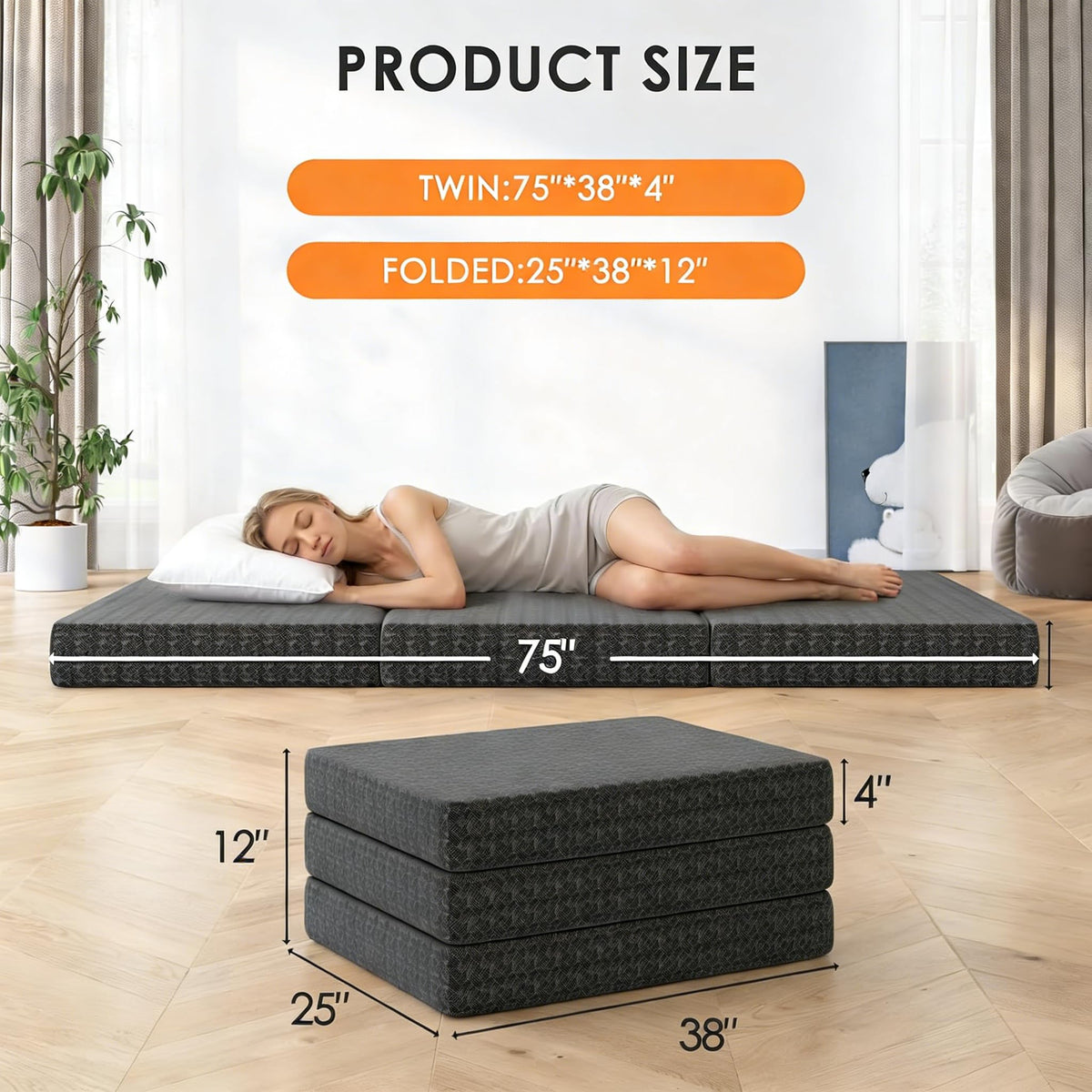 4 Inch Tri-Fold Twin Size Memory Foam Mattress with Washable Cover J377756