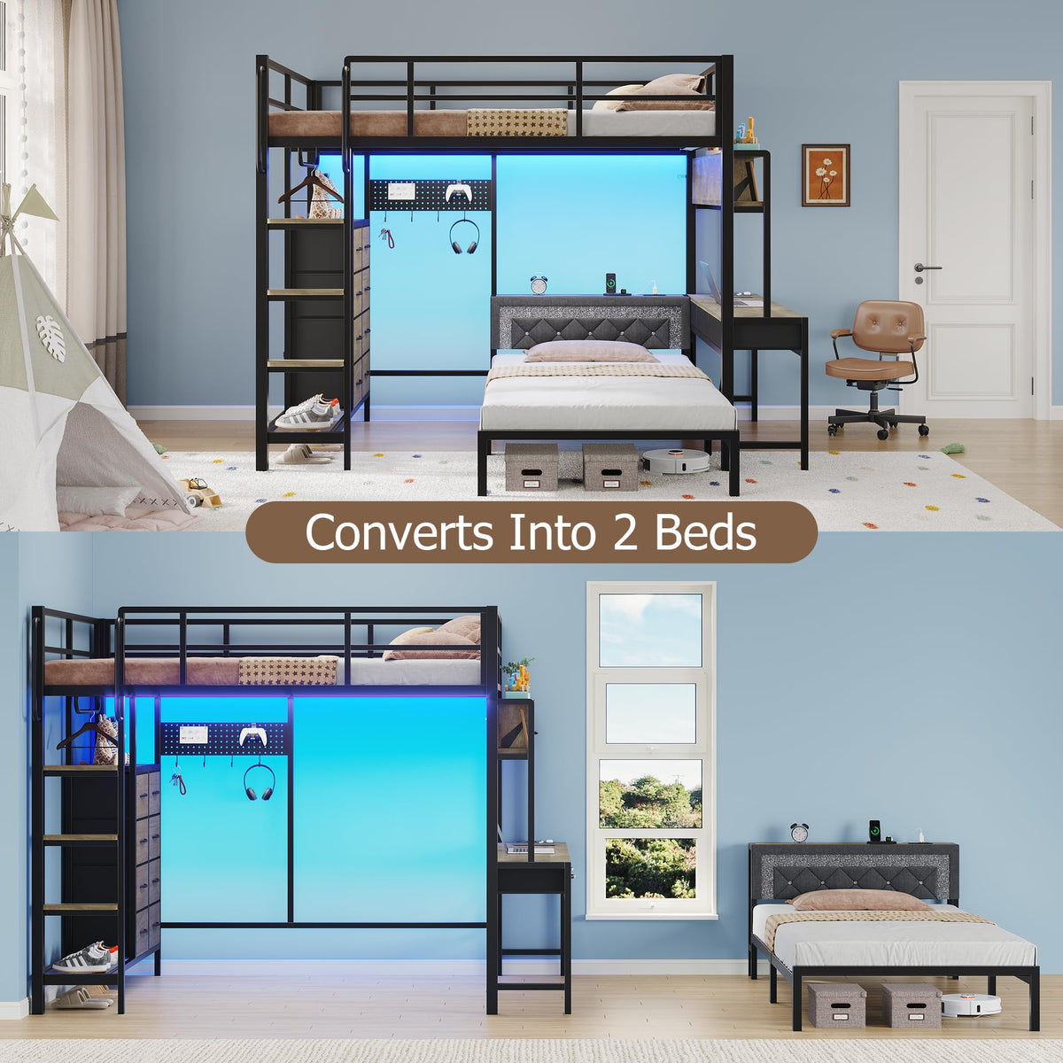 Oak Gray Full Over Twin Bunk Bed with Desk and Drawers W3367