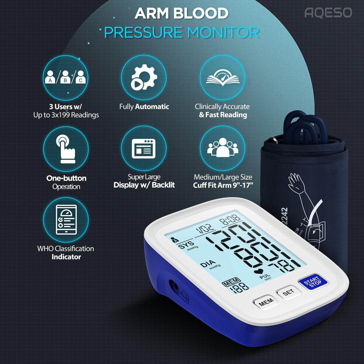 Automatic Digital Blood Pressure Monitor, 9-17 Inches Cuff, Large Backlit Screen P10976