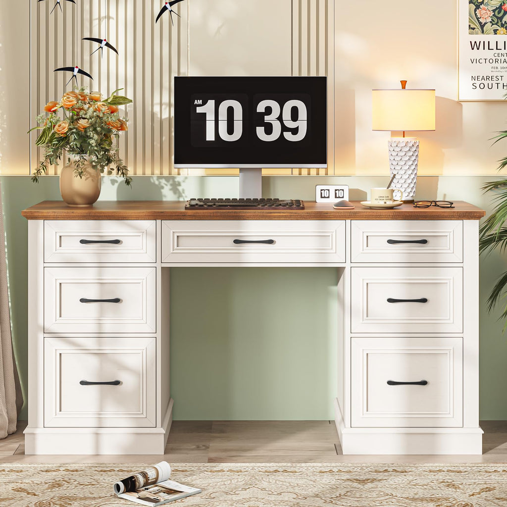Antique White Executive Desk with File Drawers K49286