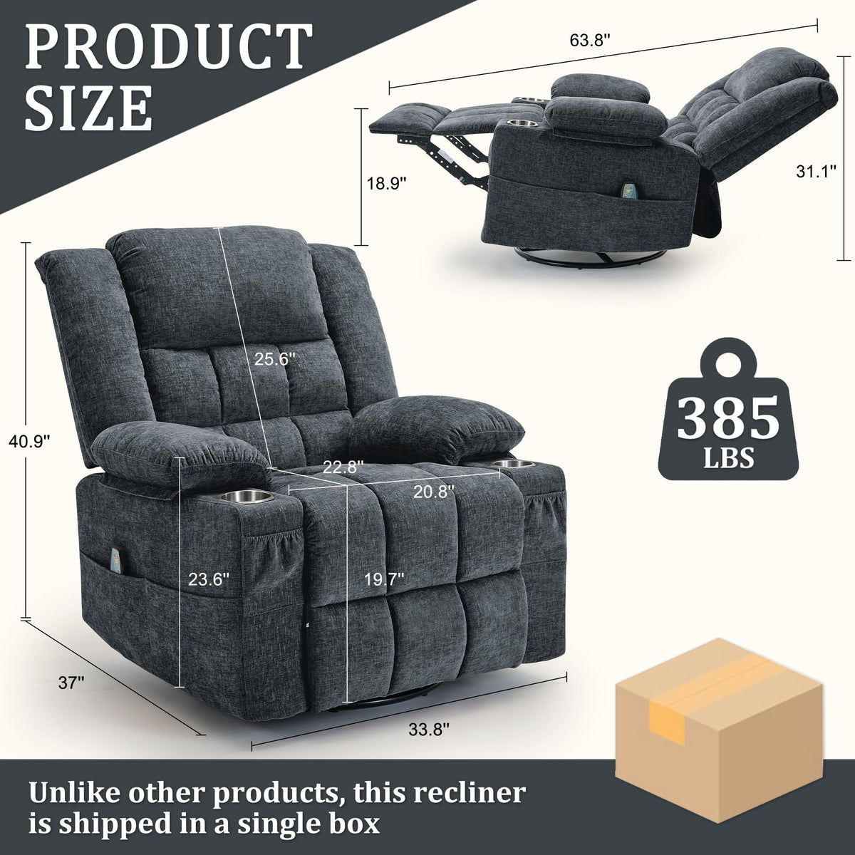 Fabric Dark Gray Swivel Rocker Recliner with Cup Holder S9155