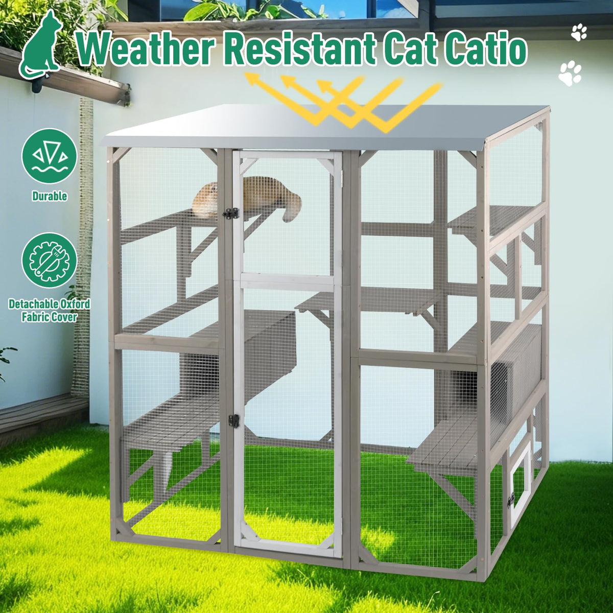 Large Wooden Outdoor Cat Catio Enclosure with 2 Doors, 2 Resting Rooms, 5 Platforms A33223