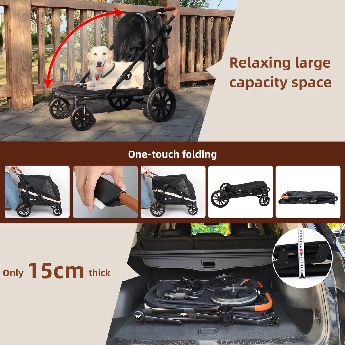 Black Large 4 Wheel Dog Stroller with Storage Pocket G390