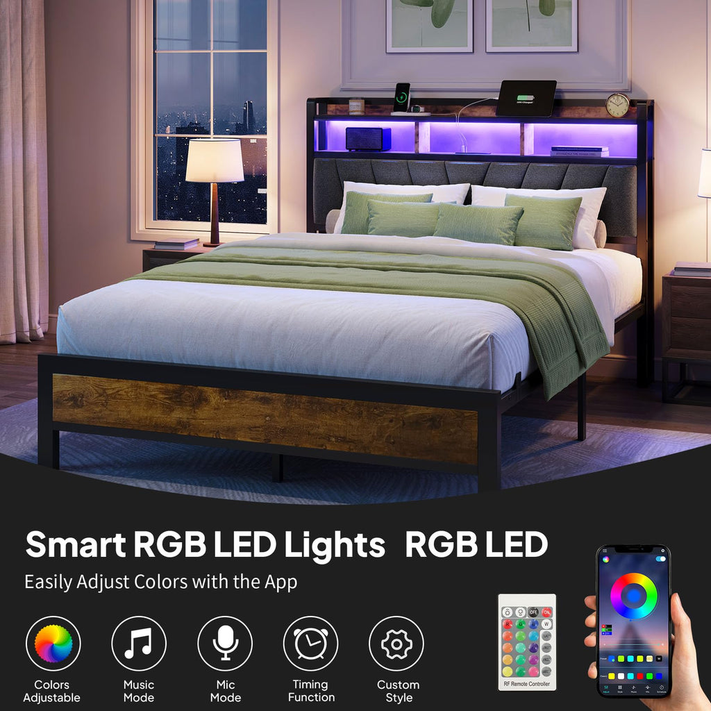 Full Bed Frame with LED Lights and Charging Station M554