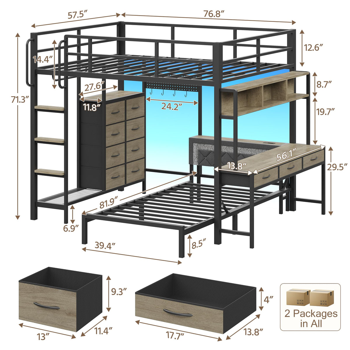Oak Gray Full Over Twin Bunk Bed with Desk and Drawers W3367