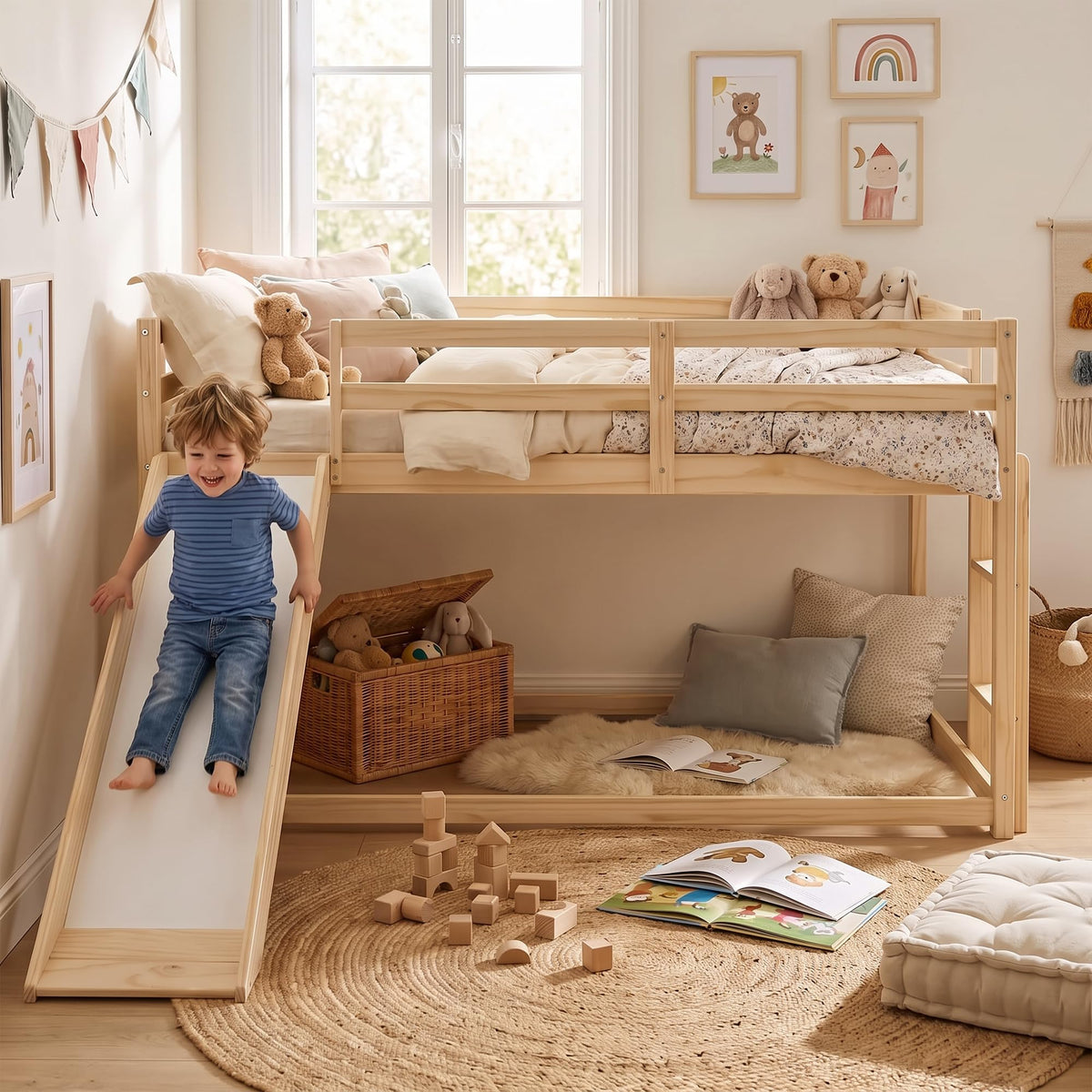 Twin Over Twin Solid Wood Bunk Bed with Slide and Ladder K2250