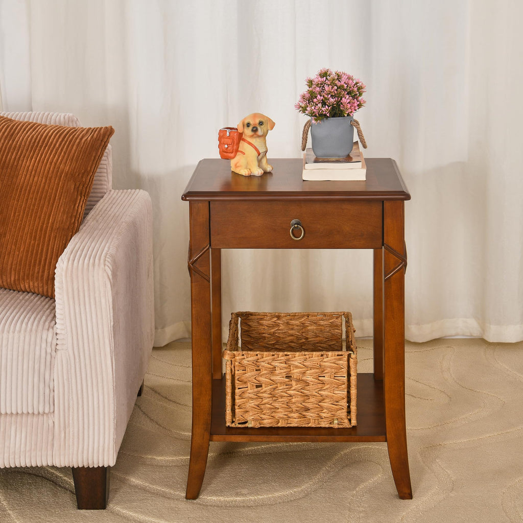 Small Solid Wood Side End Table with Drawer and Storage Shelf L138784