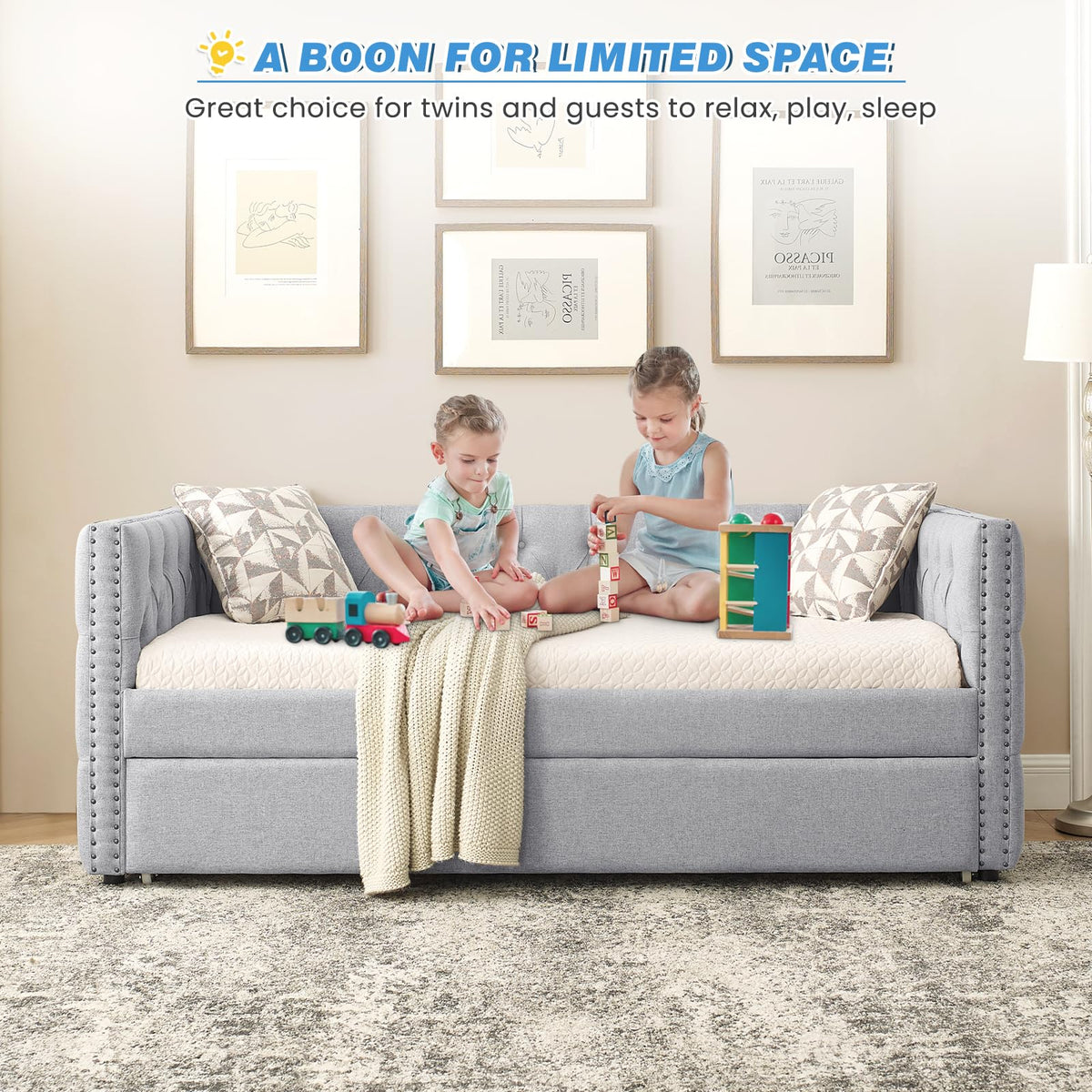 Linen Upholstered Twin Size Daybed with Trundle I321