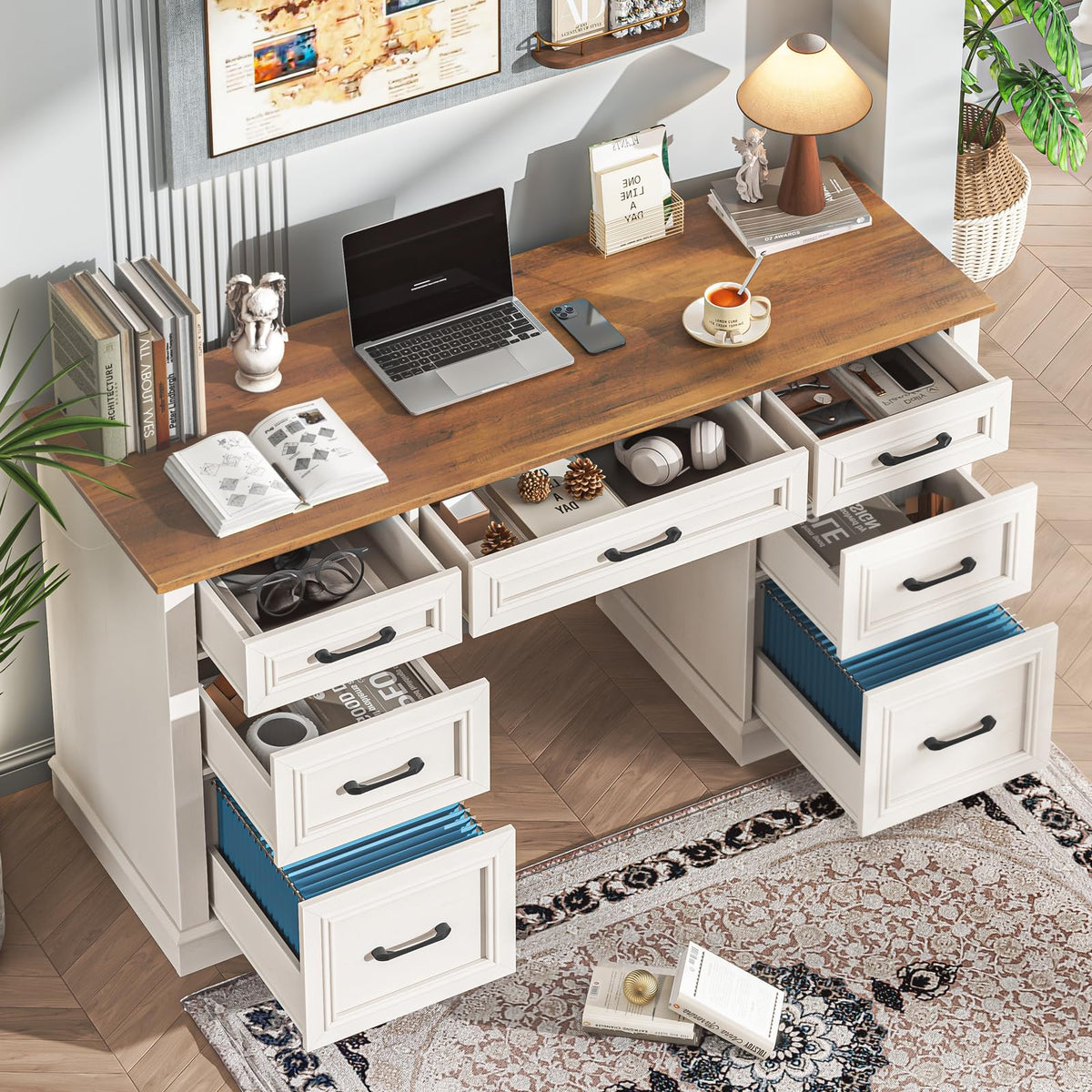 Antique White Executive Desk with File Drawers K49286