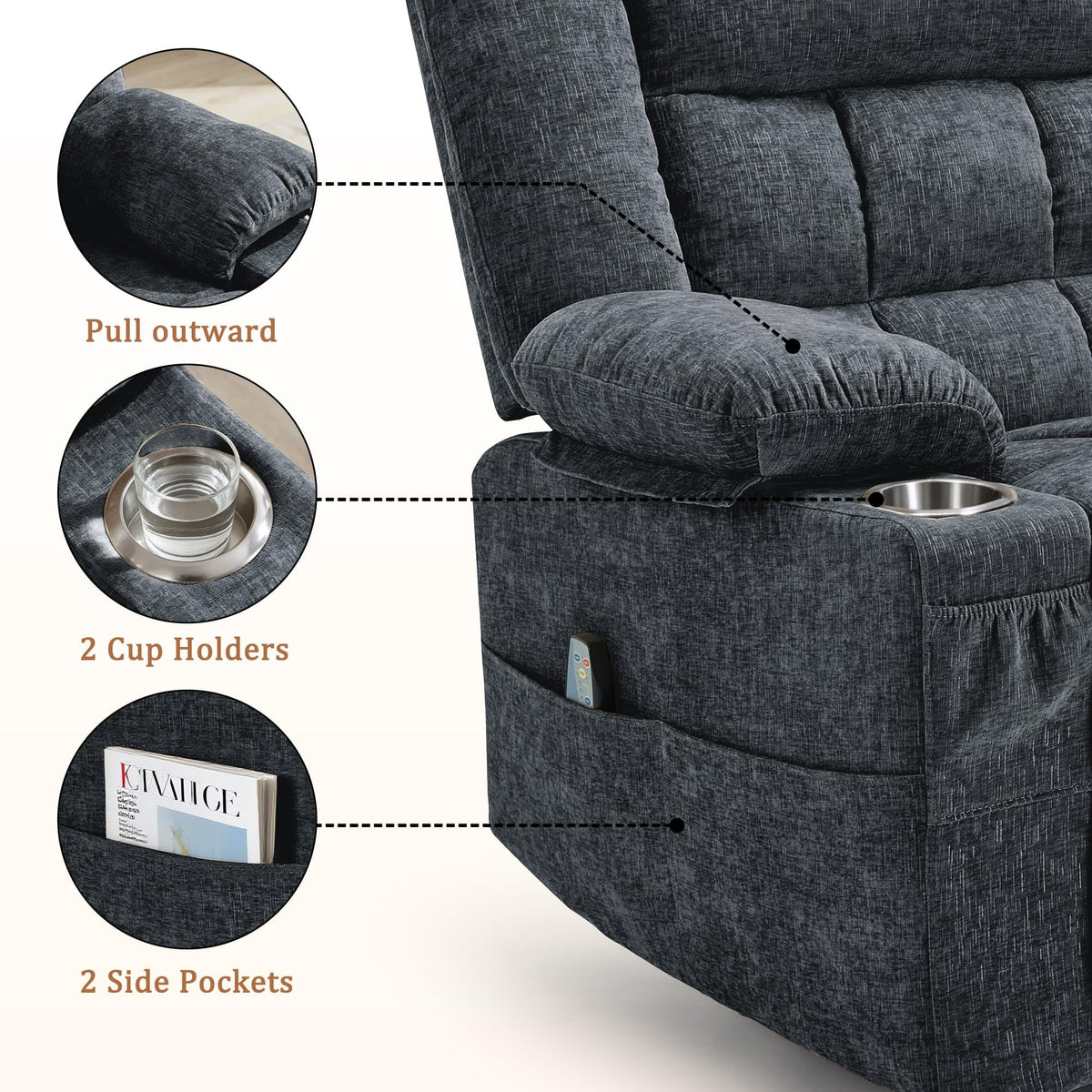 Fabric Dark Gray Swivel Rocker Recliner with Cup Holder S9155