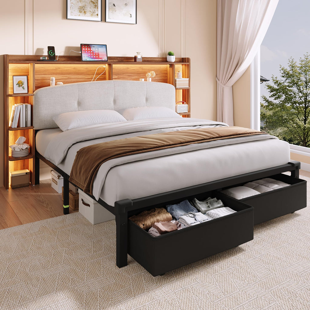 Queen Size Storage Bed Frame with Upholstered Headboard D27768