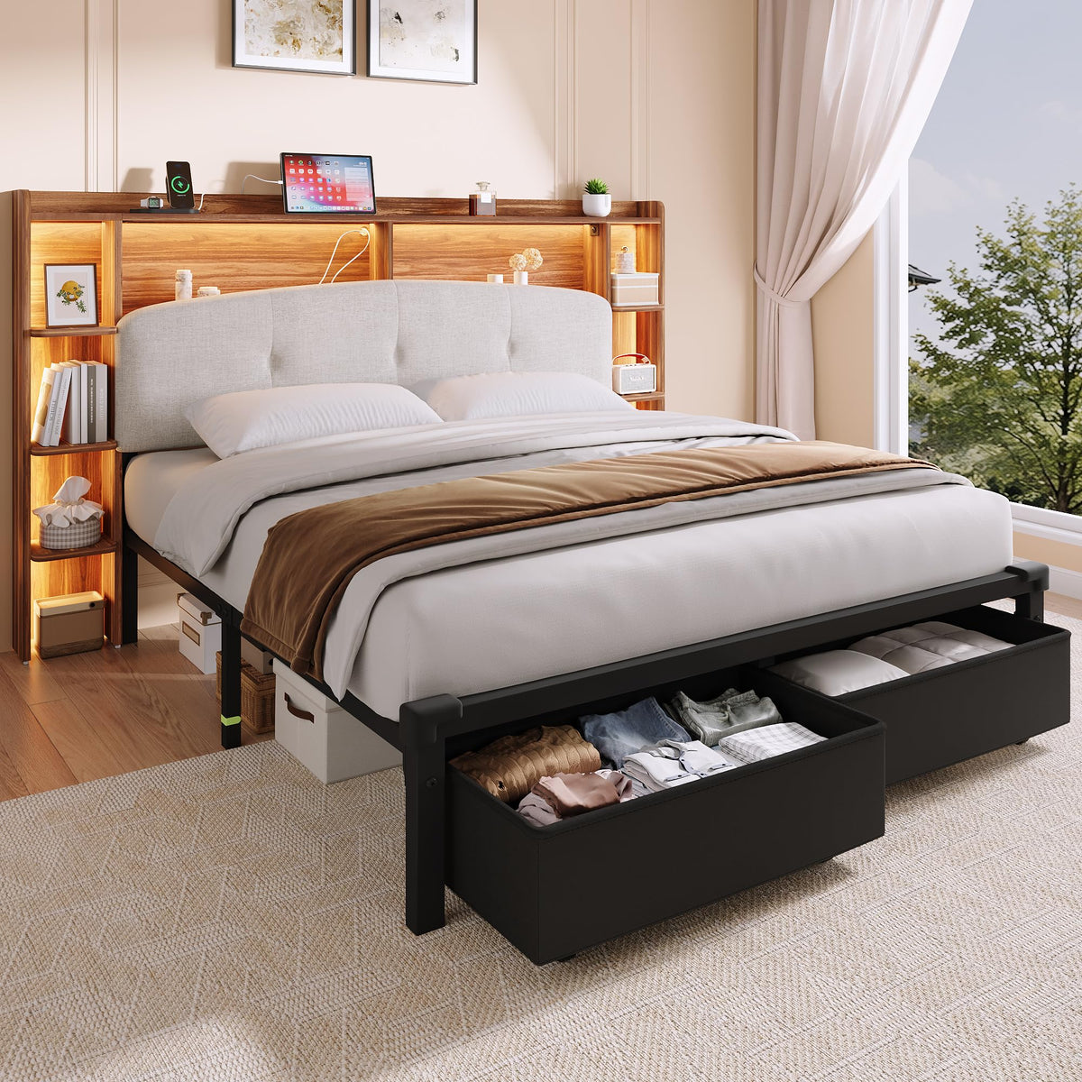 Queen Size Storage Bed Frame with Upholstered Headboard D27768