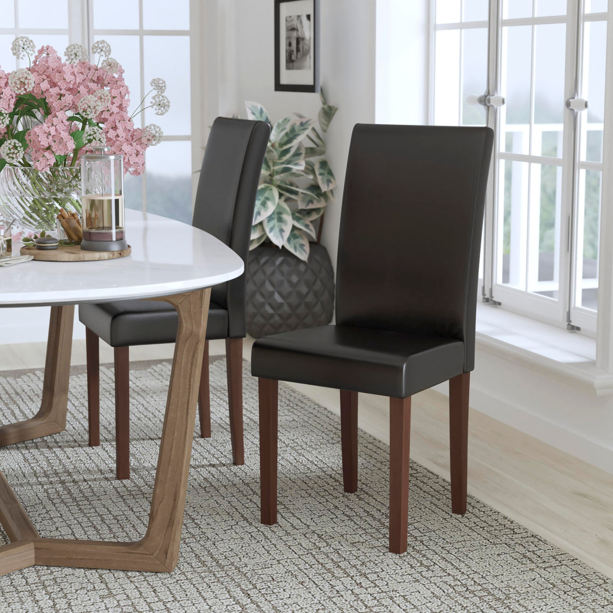 Black LeatherSoft Parsons Chair with Mahogany Legs Z806