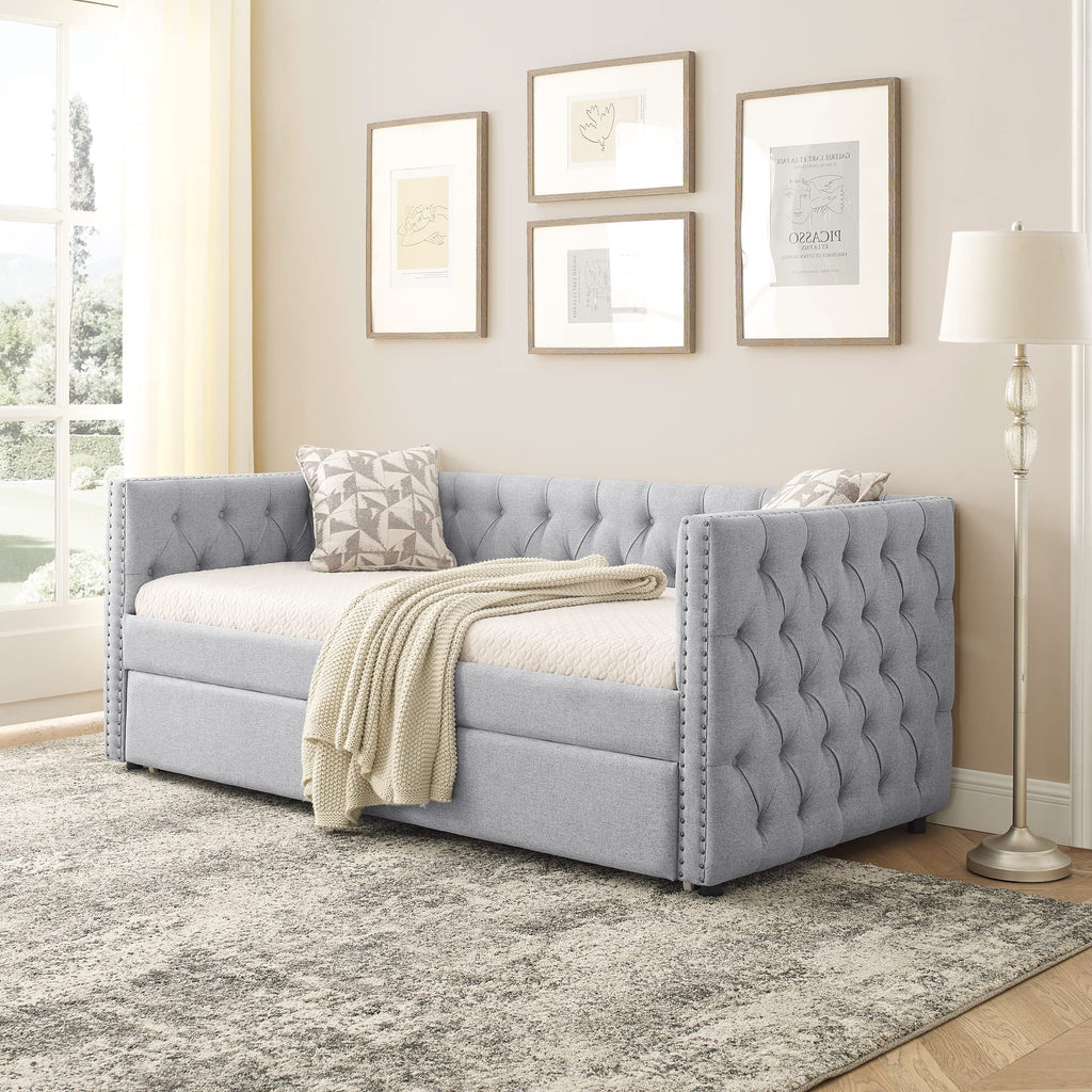 Linen Upholstered Twin Size Daybed with Trundle I321