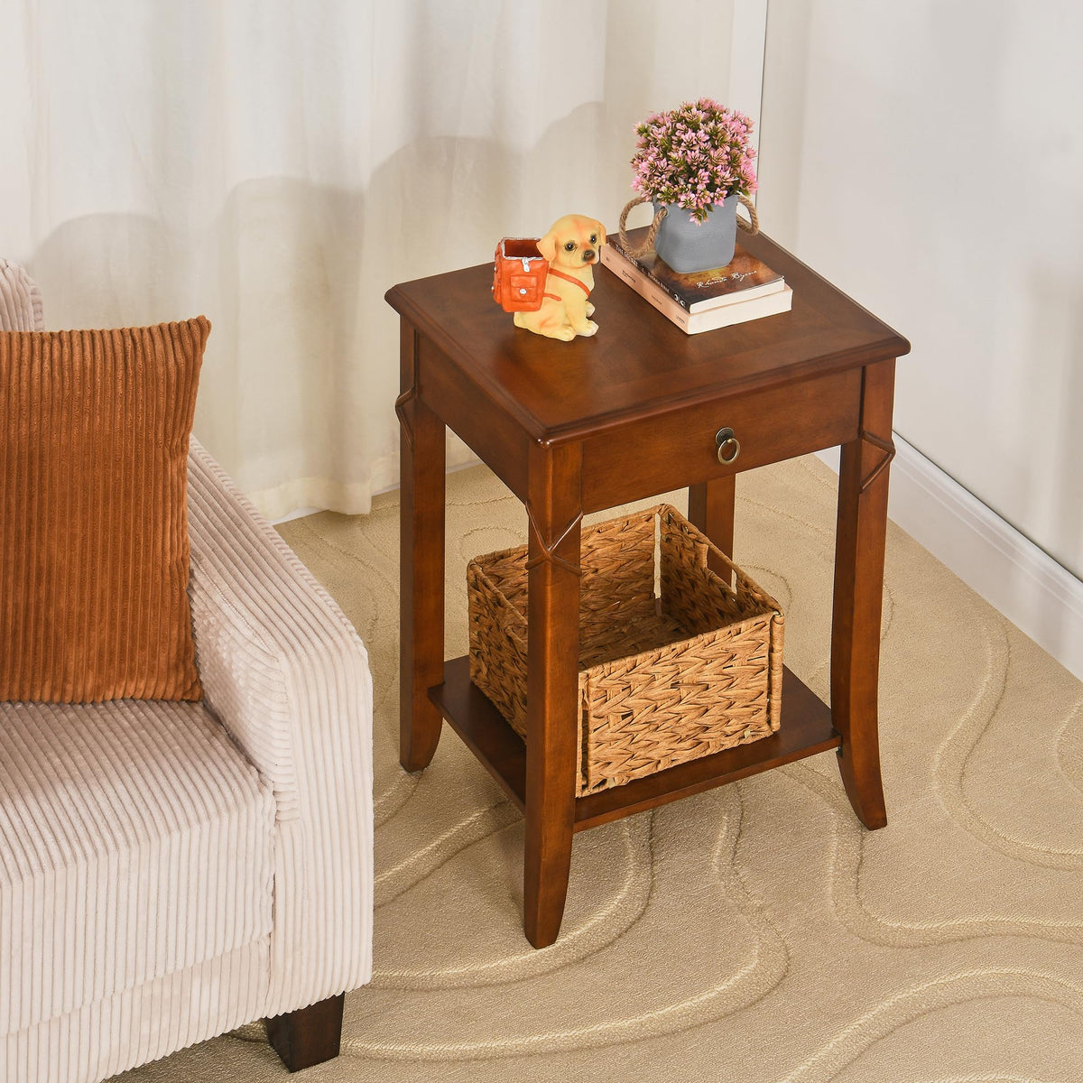 Small Solid Wood Side End Table with Drawer and Storage Shelf L138784