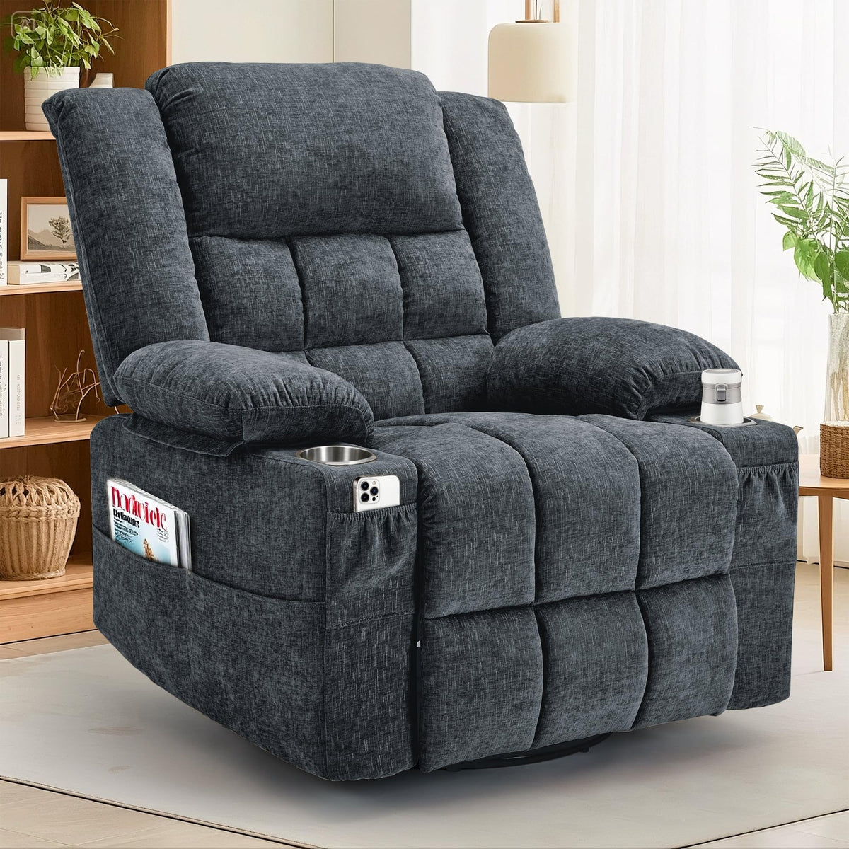 Fabric Dark Gray Swivel Rocker Recliner with Cup Holder S9155