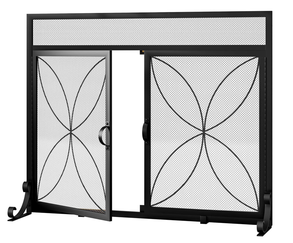 Magnetic Double Door Black Wrought Iron Fireplace Screen J78138