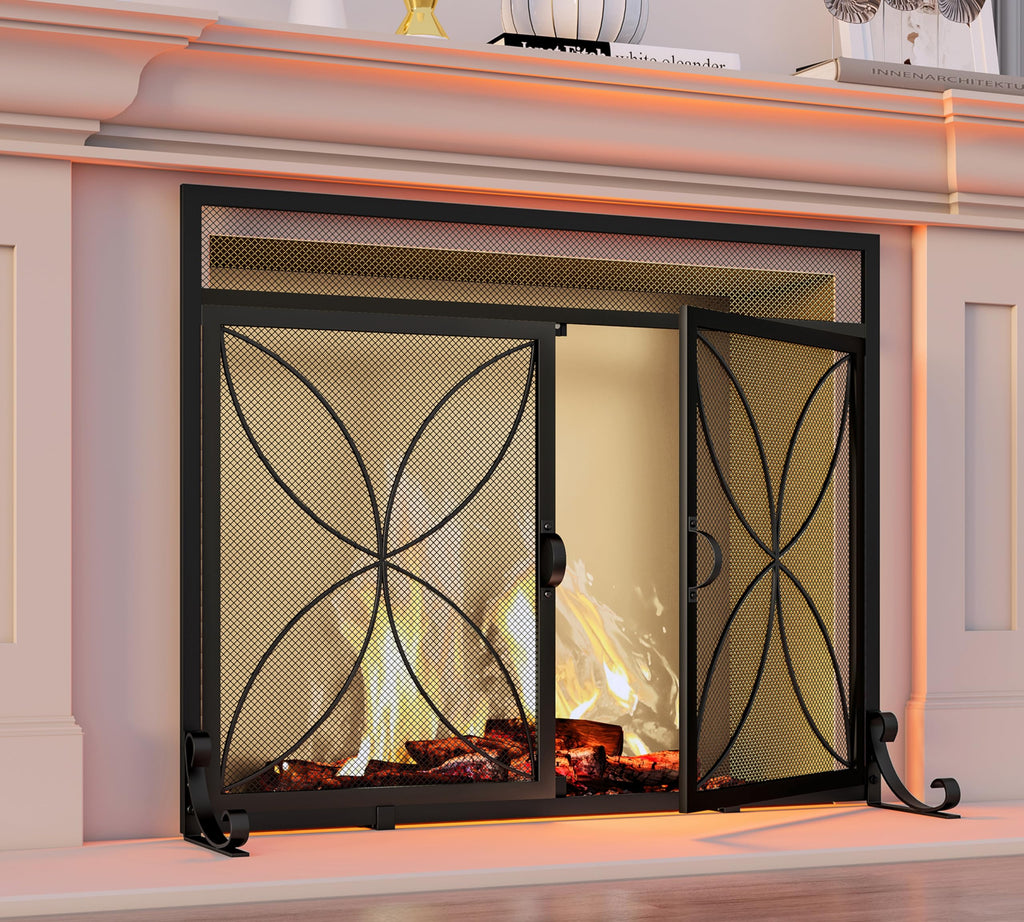 Magnetic Double Door Black Wrought Iron Fireplace Screen J78138