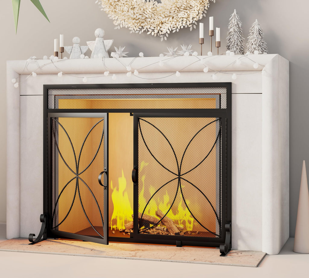 Magnetic Double Door Black Wrought Iron Fireplace Screen J78138