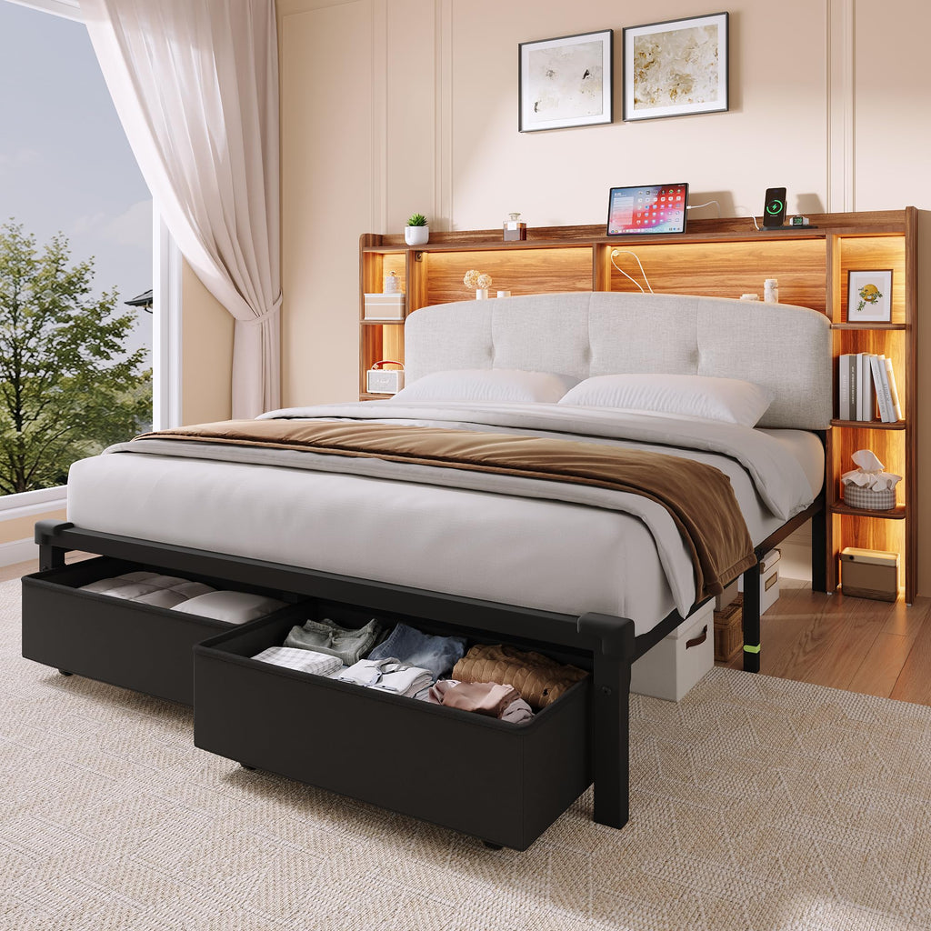 Queen Size Storage Bed Frame with Upholstered Headboard D27768