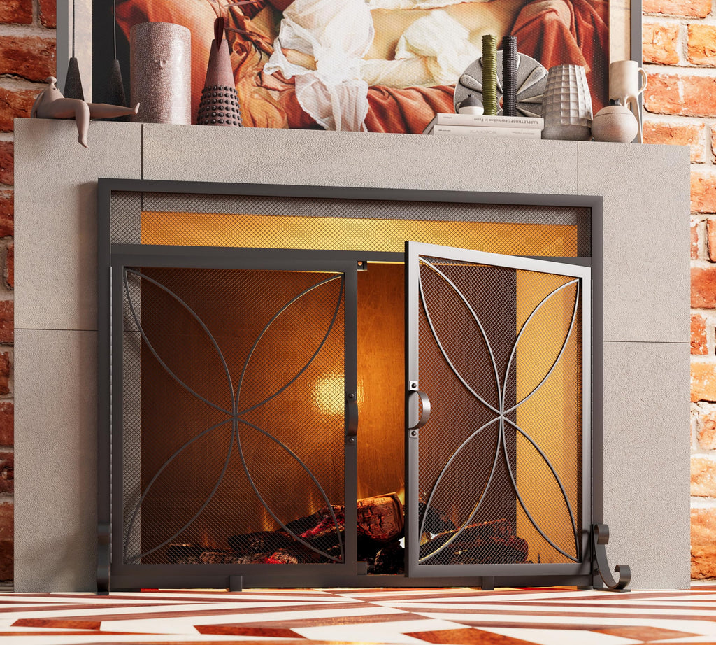 Magnetic Double Door Black Wrought Iron Fireplace Screen J78138