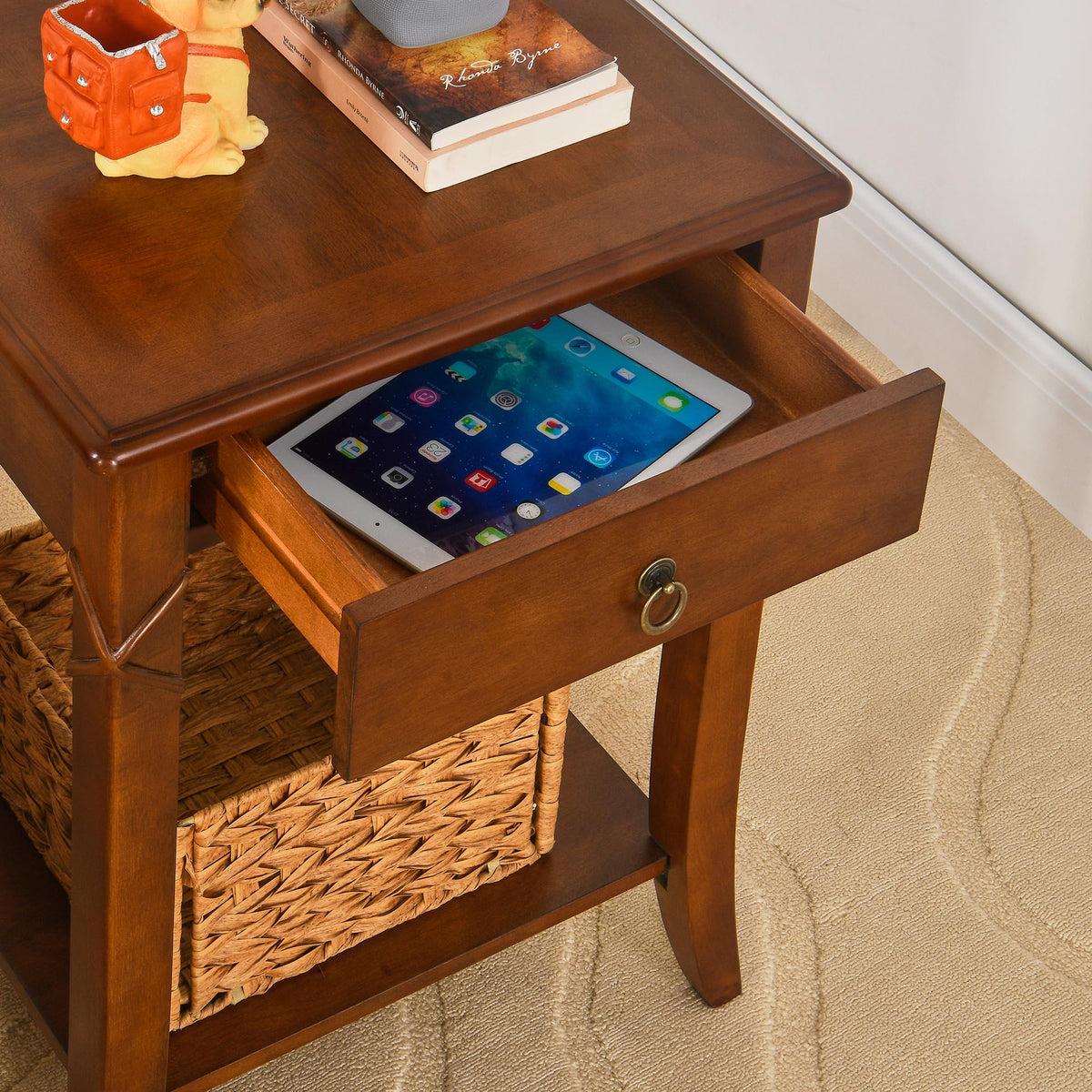 Small Solid Wood Side End Table with Drawer and Storage Shelf L138784
