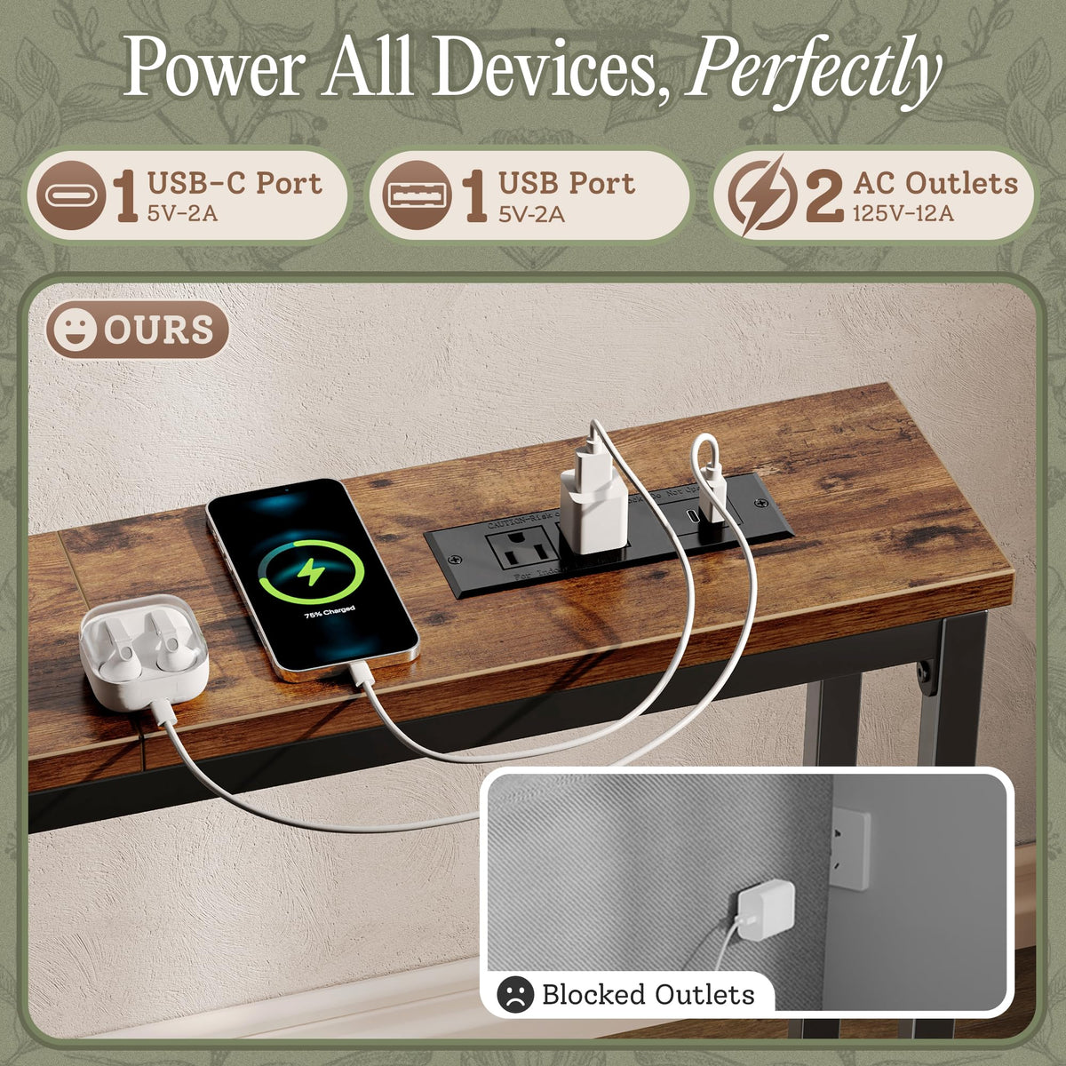110.2 Inch Narrow Sofa Table with Power Outlets and USB-C Ports V546006