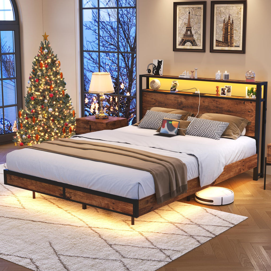Queen Size Metal Platform Bed Frame with Storage Headboard Q578