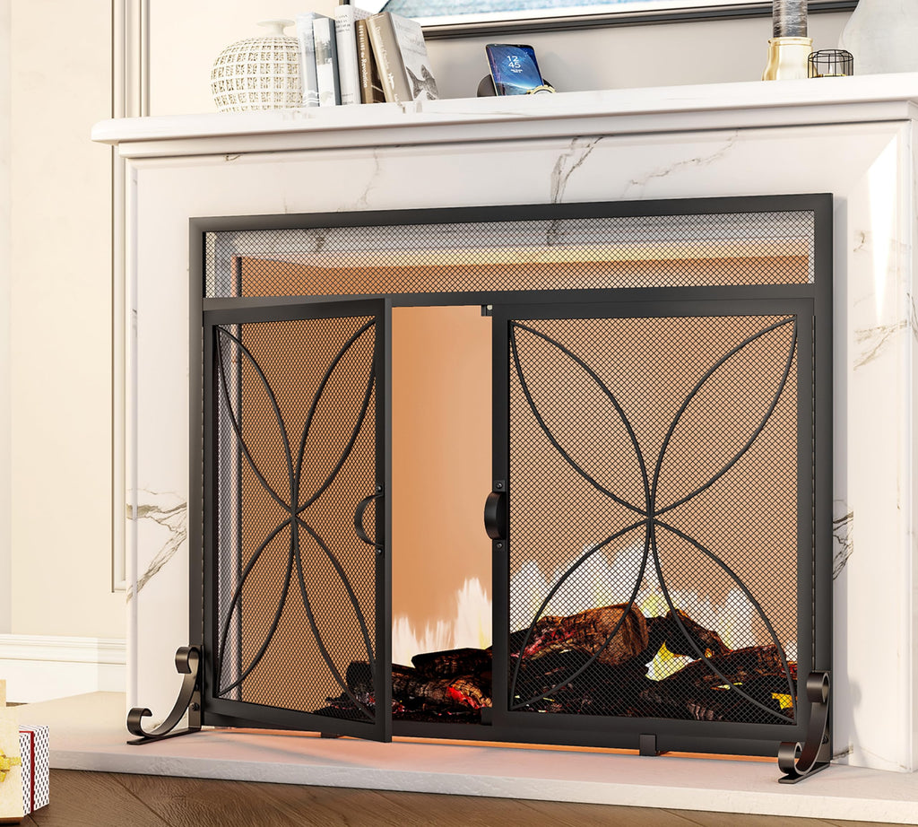 Magnetic Double Door Black Wrought Iron Fireplace Screen J78138